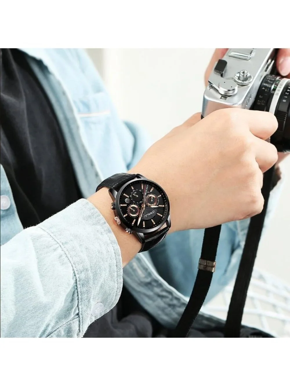 Men's Black Gold Leather Strap Casual Chronograph Quartz Waterproof Wrist Watch